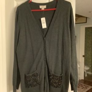 Ann Taylor Loft cardigan gray sequin pockets NWT —-size XL